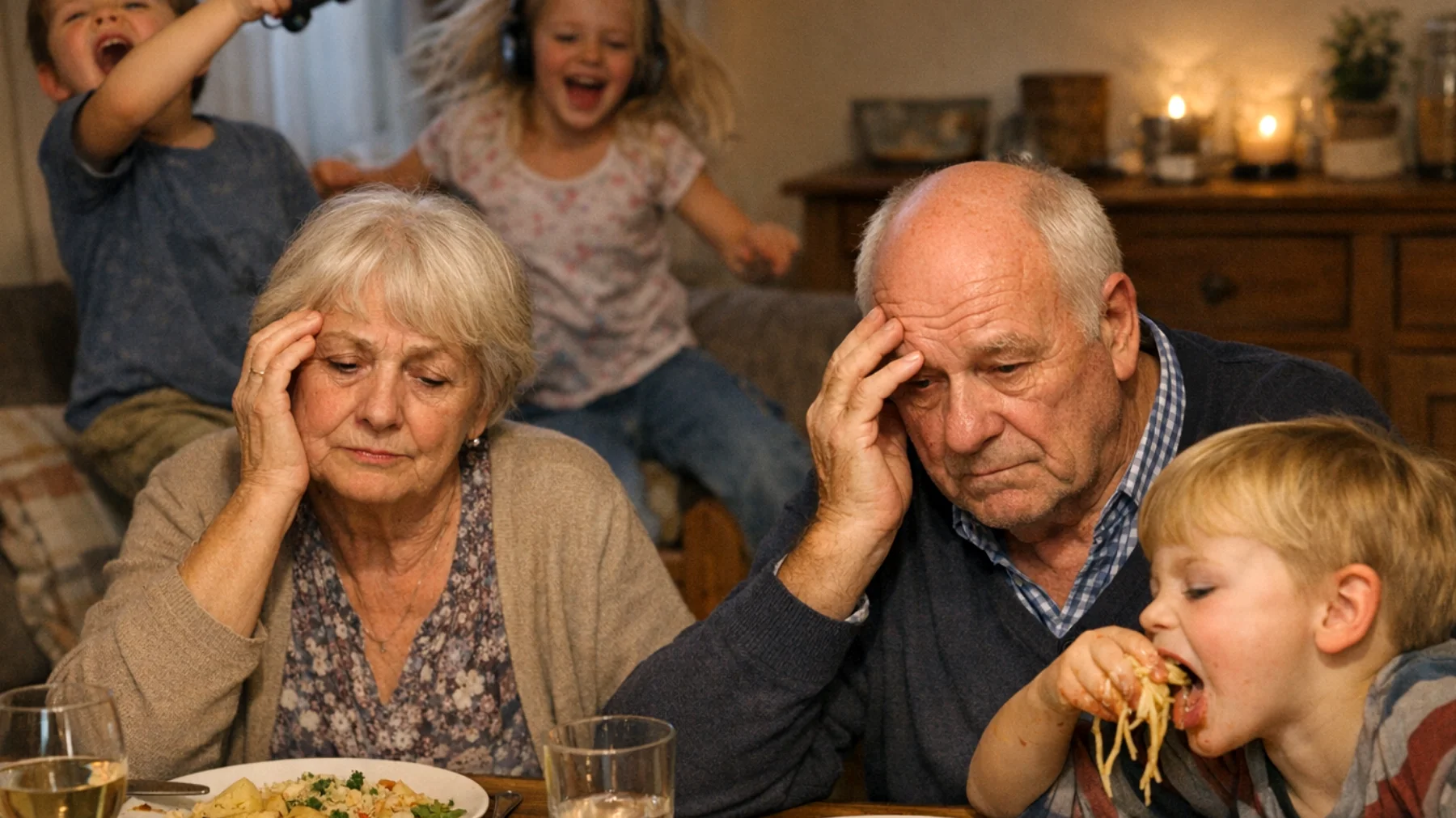 Die Großeltern haben Schwierigkeiten, klare und konsistente Regeln gegenüber ihren Enkelkindern durchzusetzen. Die Kinder testen ständig die Grenzen, ignorieren Hausregeln wie Schlafenszeiten, Mahlzeiten und Verhalten am Tisch, und die Großeltern fühlen sich überfordert, ihre Autorität aufrechtzuerhalten, ohne die affektive Beziehung zu gefährden."