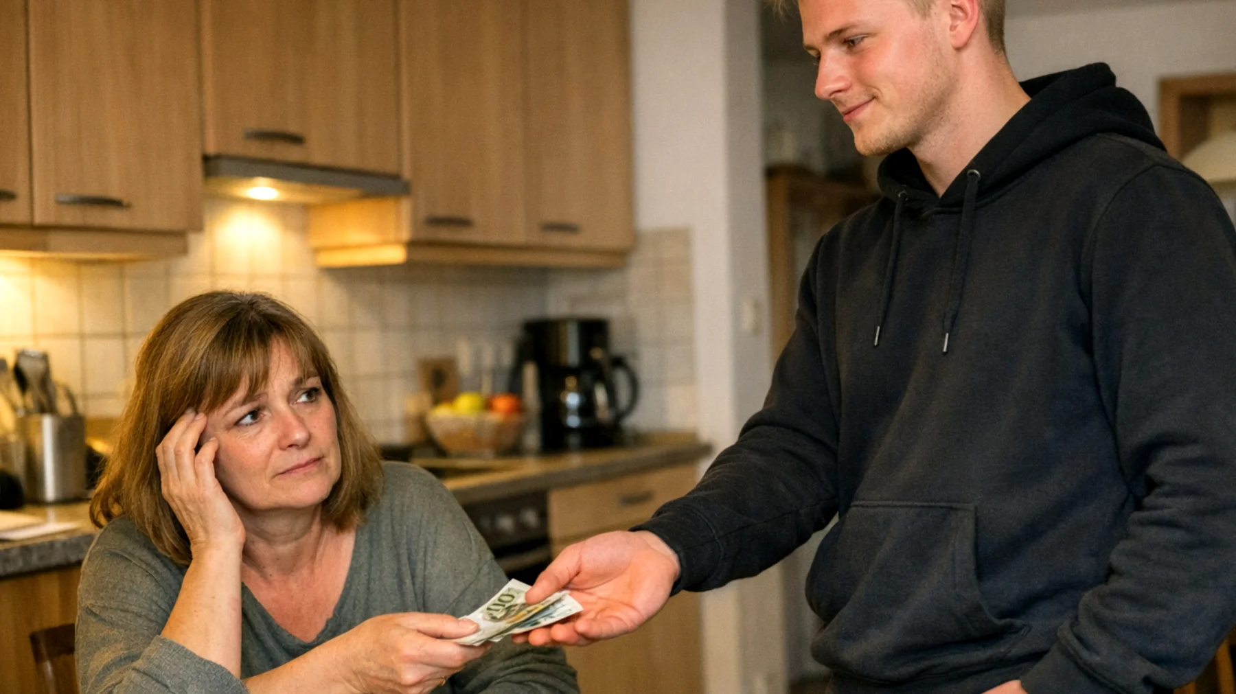 Die Mutter hat große Schwierigkeiten, ihrem jungen Erwachsenen (18-25 Jahre) gegenüber klare Grenzen zu setzen und 'Nein' zu sagen. Sie stimmt häufig Bitten zu, die sie eigentlich ablehnen möchte – sei es bei finanziellen Forderungen, späten Heimkehrzeiten oder dem Übernehmen von Verantwortlichkeiten, die dem jungen Erwachsenen gehören sollten. Diese Unfähigkeit entsteht aus der Angst, den Sohn/die Tochter zu verletzen oder die Beziehung zu beschädigen."