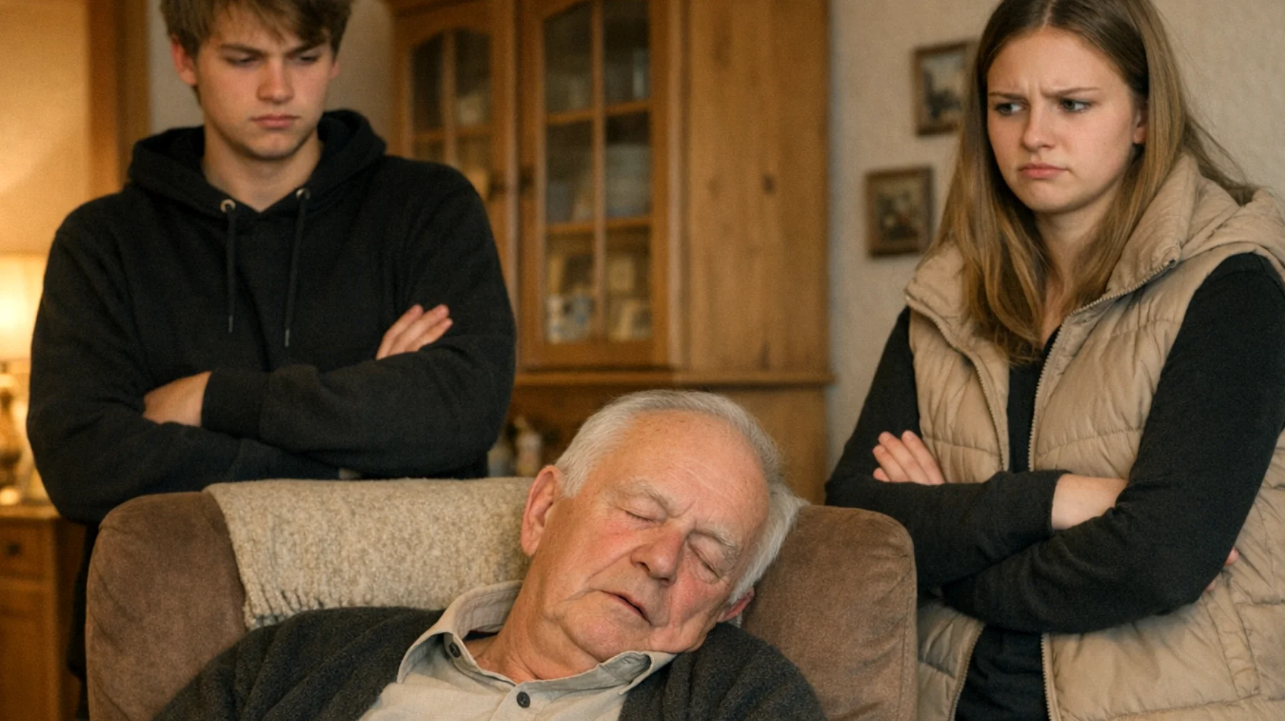 Der Großvater fühlt sich körperlich erschöpft und hat kaum noch Energie, um mit seinen Teenagern Zeit zu verbringen. Er schläft früh ein, vergisst Verabredungen und zieht sich immer öfter zurück – was die Jugendlichen als Ablehnung oder Desinteresse empfinden."