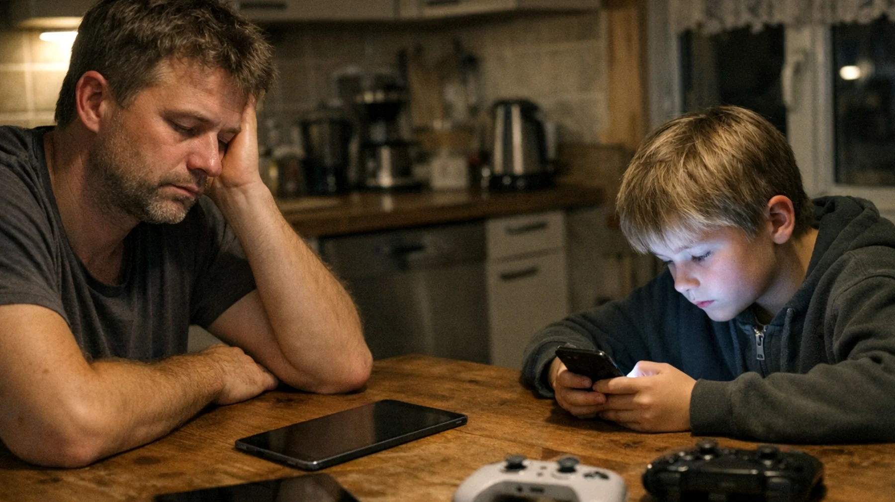 Der Vater bemerkt, dass sein Kind mehrere Stunden täglich mit Smartphone, Tablet und Videospielen verbringt – oft bis spät in die Nacht. Versuche, die Bildschirmzeit zu begrenzen, enden regelmäßig in heftigen Auseinandersetzungen. Das Kind zeigt Desinteresse an anderen Aktivitäten, vernachlässigt Hausaufgaben und zieht sich sozial zurück."