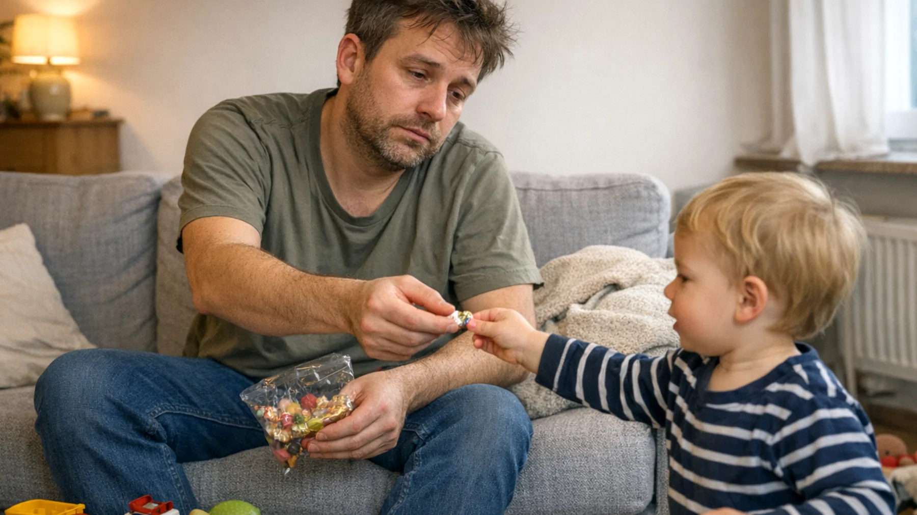 Der Vater fällt es schwer, seinem Kind gegenüber Grenzen zu setzen. Er gibt fast allen Wünschen und Forderungen nach – sei es bei Süßigkeiten, Spielzeug, Bildschirmzeit oder dem Schlafengehen –, weil er Konflikte vermeiden möchte oder das Kind nicht enttäuschen will. Diese übermäßige Nachgiebigkeit führt dazu, dass das Kind zunehmend ungeduldig und fordernd reagiert, wenn es ein 'Nein' hört, und der Vater sich hilflos und erschöpft fühlt."